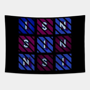 Sin - white letters in blue and red boxes, diagonal striped frame Tapestry