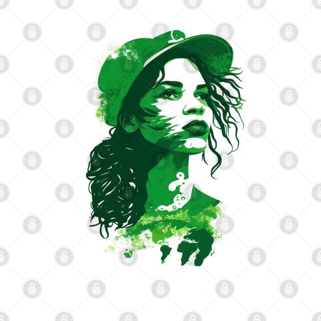 Make a Statement with Our Abstract White and Green Climate Activist Girl Face Portrait Design by Greenbubble