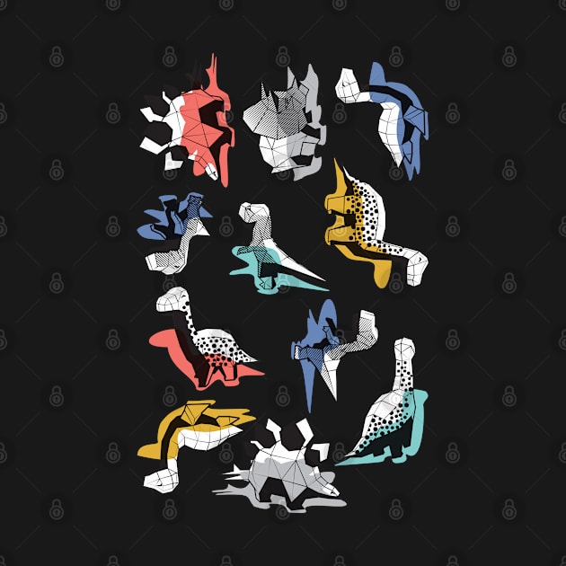 Geometric Dinos // print // non directional design white background multicoloured dinosaurs shadows by SelmaCardoso