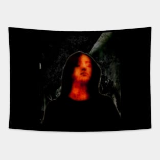 Beautiful girl, with closed eyes. Dark but beautiful. Green, red and orange. Tapestry