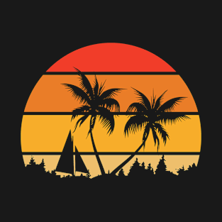 Vintage Retro Sunset Palm Tree Boat Design T-Shirt