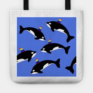 Gay pride rainbow orca killer whale. Seamless pattern on blue water background. Tote