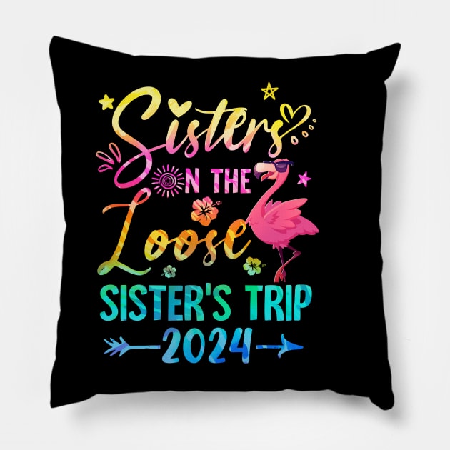 Sister On The Loose Cute Sisters Trip 2024 Weekend Flamingo Pillow by James Green