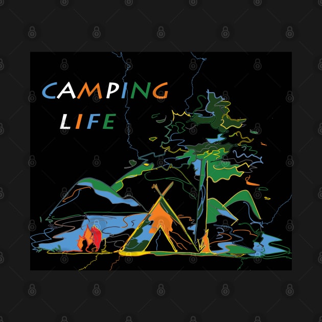 Camping life retro mountians trees and tent with beautiful nature by BonusSingh