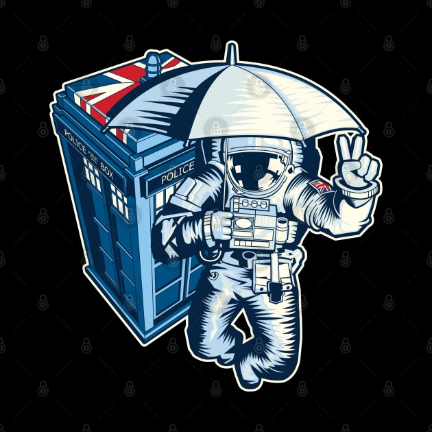 British astronaut holding an umbrella in space near a police box by RobiMerch