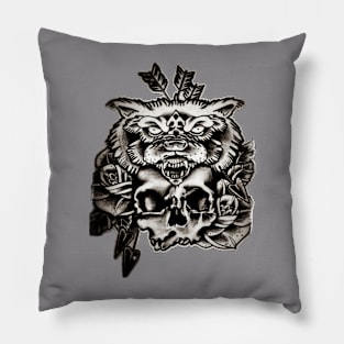 Skull with wolf headdress roses tattoo design Pillow