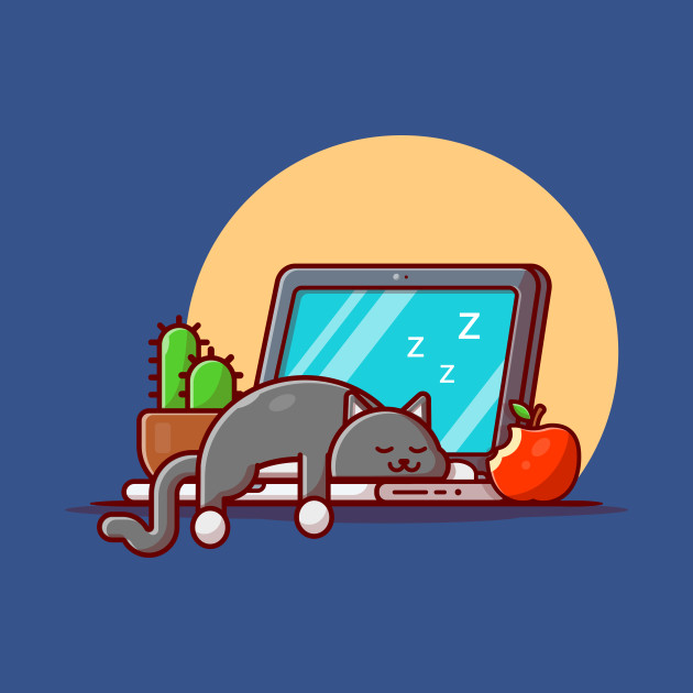 Cute Cat Sleeping On Laptop With Apple And Cactus Cartoon Vector Icon Illustration - Kitten - T-Shirt