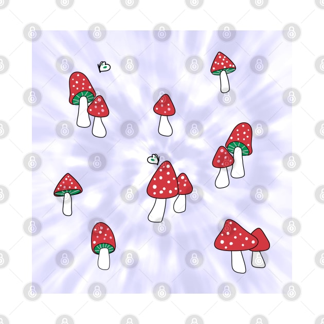 Aesthetic Red Hatted Mushrooms and Butterflies on a Lilac Pastel Tie Dye Background by YourGoods