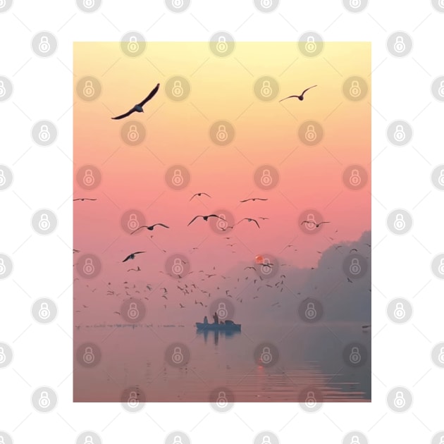 birds flying over body of water by DREAMBIGSHIRTS