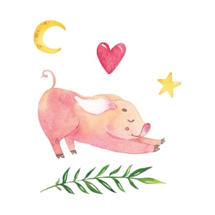 Yoga Piglet with Half Moon Heart and Star T-Shirt