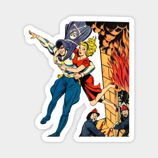 Masked Superhero Rescuing Beautiful Girl from Fire Building Firefighters Fire Retro Comic Vintage Magnet