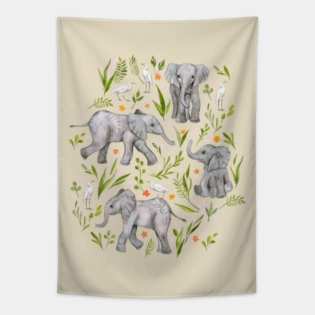 Baby Elephants and Egrets in Watercolor - neutral cream Tapestry by micklyn