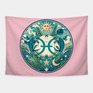 "Pisces Dreamscape: Vintage Vibes"- Zodiac Horoscope Star Signs Tapestry