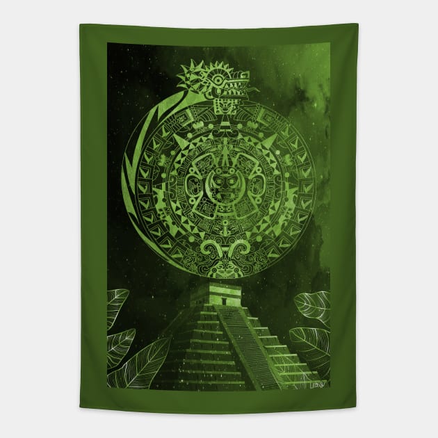 the mexican pyramids in teotihuacan leaf dragon aztec calendar Tapestry by jorge_lebeau