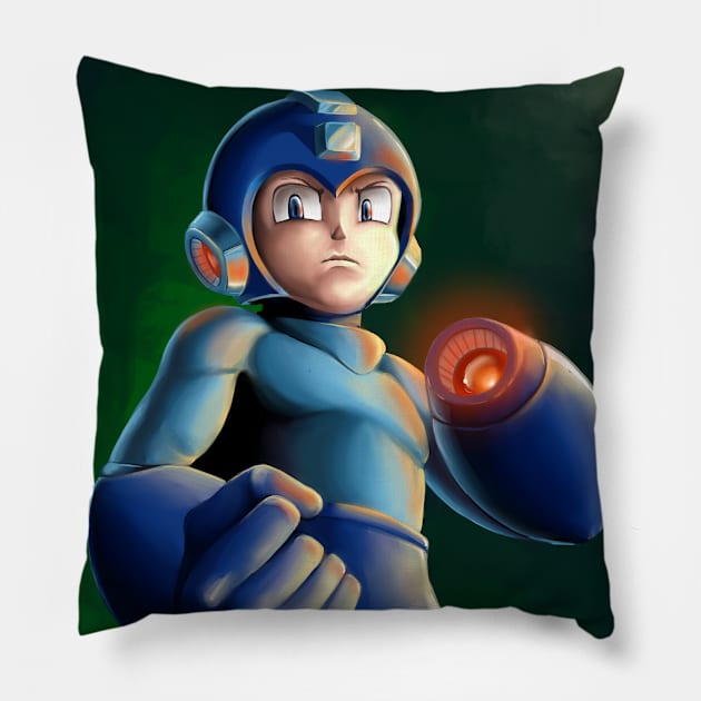 Mega Man Painted T-Shirt Pillow by andrewvado