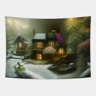 Sparkling Fantasy Cottage with Lights and Glitter Background in Snowy Scene, Scenery Nature Tapestry