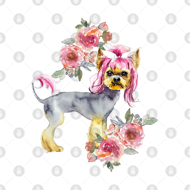 Cute Yorkshire Terrier Yorkie with Pink Hair Puppy Watercolor Art by AdrianaHolmesArt