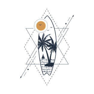 Island With Palms In Surfboard Shape. Geometric, Line Art Style T-Shirt