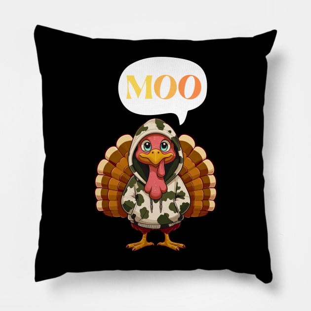 Turkey Moo Retro Thanksgiving Day Pillow by Binsy