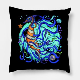 The Seahorse - Underwater Blue World - Dia De Los Muertos - Colorful Seahorse Pillow