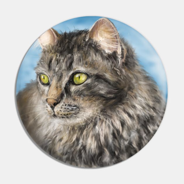 Painting of a Gorgeous Furry Gray Cat Pin by ibadishi