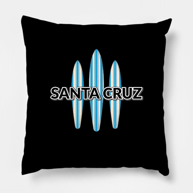 Santa Cruz Logo Sticker California with Three Surf Boards Blue Pillow by PauHanaDesign