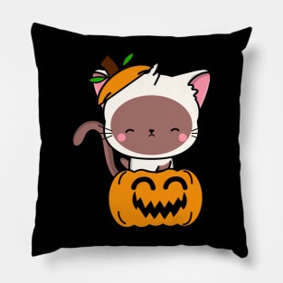 Funny white cat is in a pumpkin Pillow