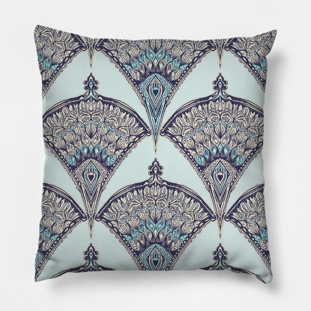 Deco Doodle in Aqua, Cream & Navy Blue Pillow by micklyn