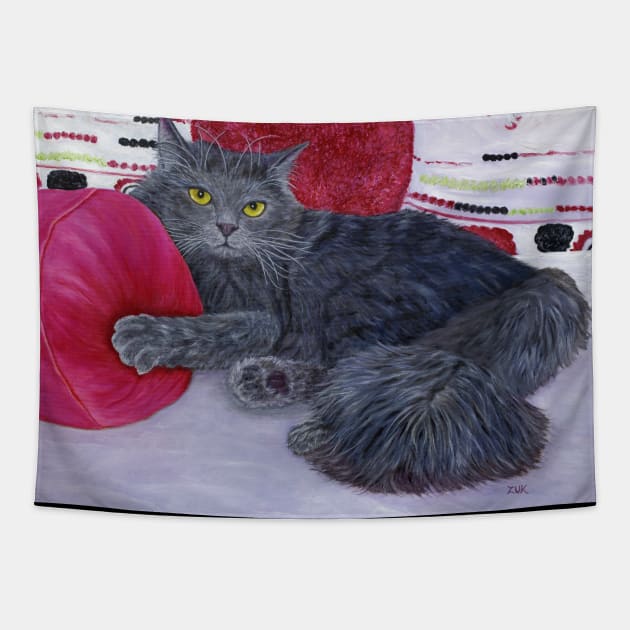 Russian Blue Cat on Rose Colored Pillows Tapestry by KarenZukArt