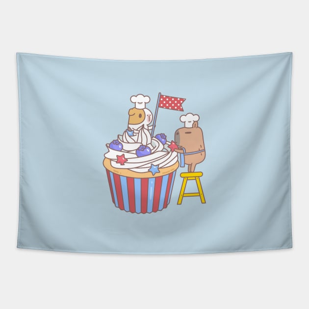 Bubu and Moonch, Guinea pig and Capybara Making Cupcake Tapestry by Noristudio