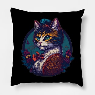 Blooming Elegance: Cartoon Lady Cat in Dress and Hat Amidst Flowers Pillow