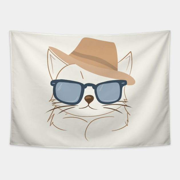 Chic Cat in Brown Hat and Blue Shades - Minimalistic Cat Art Tapestry by ShutterStudios