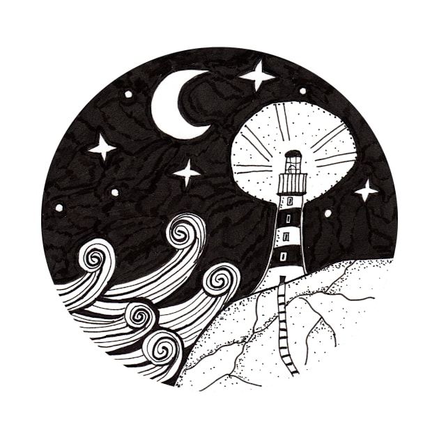 Whimsical Lighthouse Night Time Ink Illustration by Sandraartist