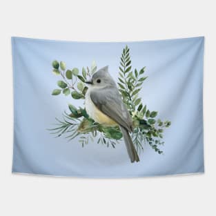 Grey Bird in tree on a pale blue background Tapestry