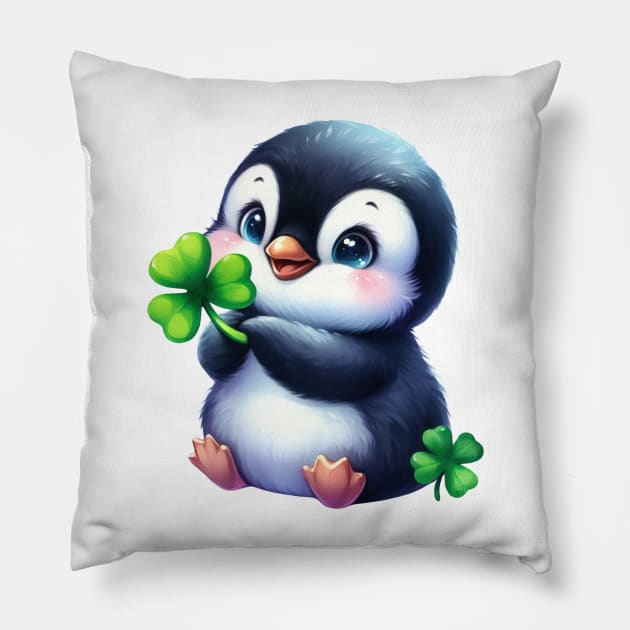 Clover Penguin St Patricks Day Pillow by Chromatic Fusion Studio