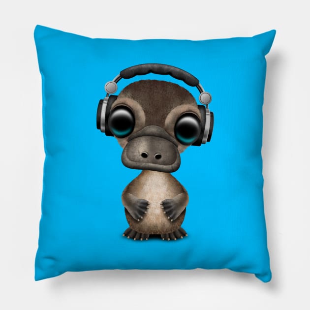 Cute Baby Platypus Deejay Wearing Headphones Pillow by jeffbartels