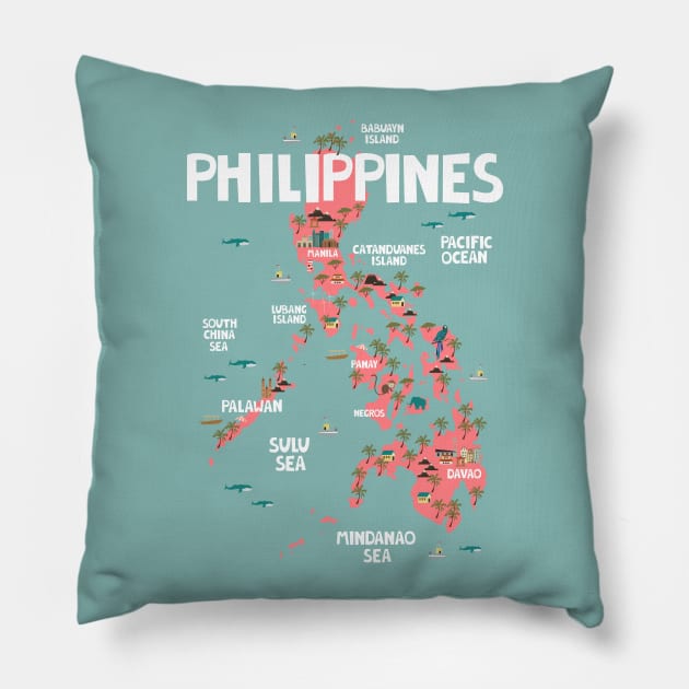 Philippines Illustrated Map Pillow by JunkyDotCom