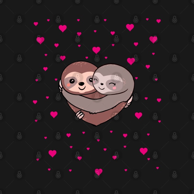 Sloths hugs, lovers couple cute, red heart by Collagedream