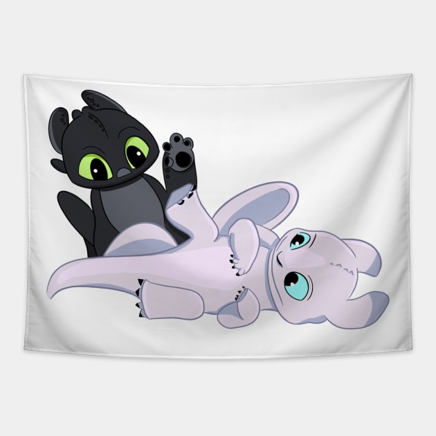 Cute baby dragons from cartoon How to train your dragon 3 night and light fury Tapestry by PrimeStore