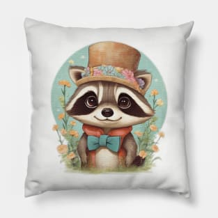 cute little racoon wearing a hat and a bow tie Pillow