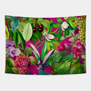 Trendy tropical floral leaves and fruits tropical pattern, pink fuchsia floral illustration over a Tapestry