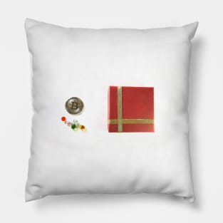 Bitcoin coin and gift, luxury. Concept of mining business, wealth, fortune, success Pillow