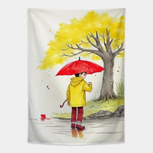 kid  playing in water puddles. Tapestry