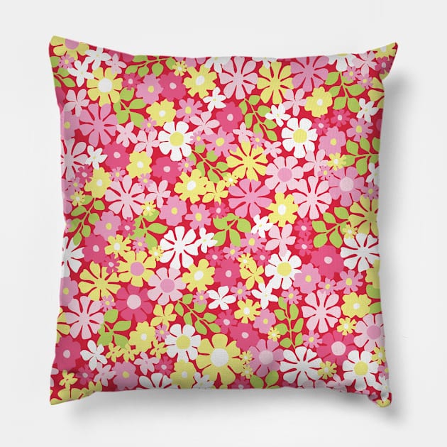 RETRO FLORAL PATTERN 70S  GROOVY PASTEL PINK YELLOW HOT PINK FLOWER MARKET SCANDINAVIAN MEADOW MIDSOMMAR Pillow by blomastudios