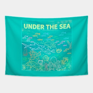 under the sea,blue sea,sea creatures,Turtle, puffer fish, starfish, shrimp, shark, tropical fish, sea horse, seaweed, sardines, squid, crabs, clams Tapestry