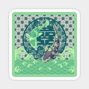 Double Happiness Koi Fish Dancing in the Ocean with Green Tile Floor Pattern Magnet