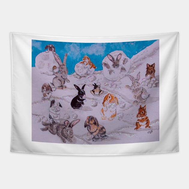 Bunny Snowball Fight Tapestry by ArtbyMinda