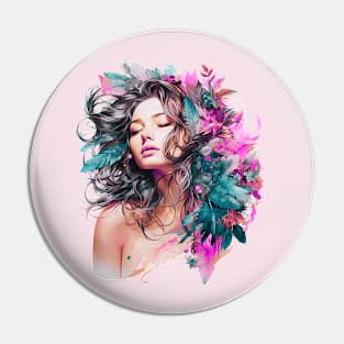 Boho Chic Goddess, Enchanting Feather Headdress Woman (Teal, Pink, and Gray) Pin