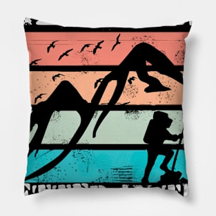 LIFE IS BETTER IN THE MOUNTAINS Colorful Mountain Sunset Scratched Rough Design With Hiker And Birds Flying Over Pillow