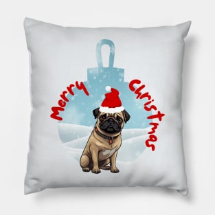 Merry Christmas with Santa Pug Dog in Wintery Xmas Bauble Pillow